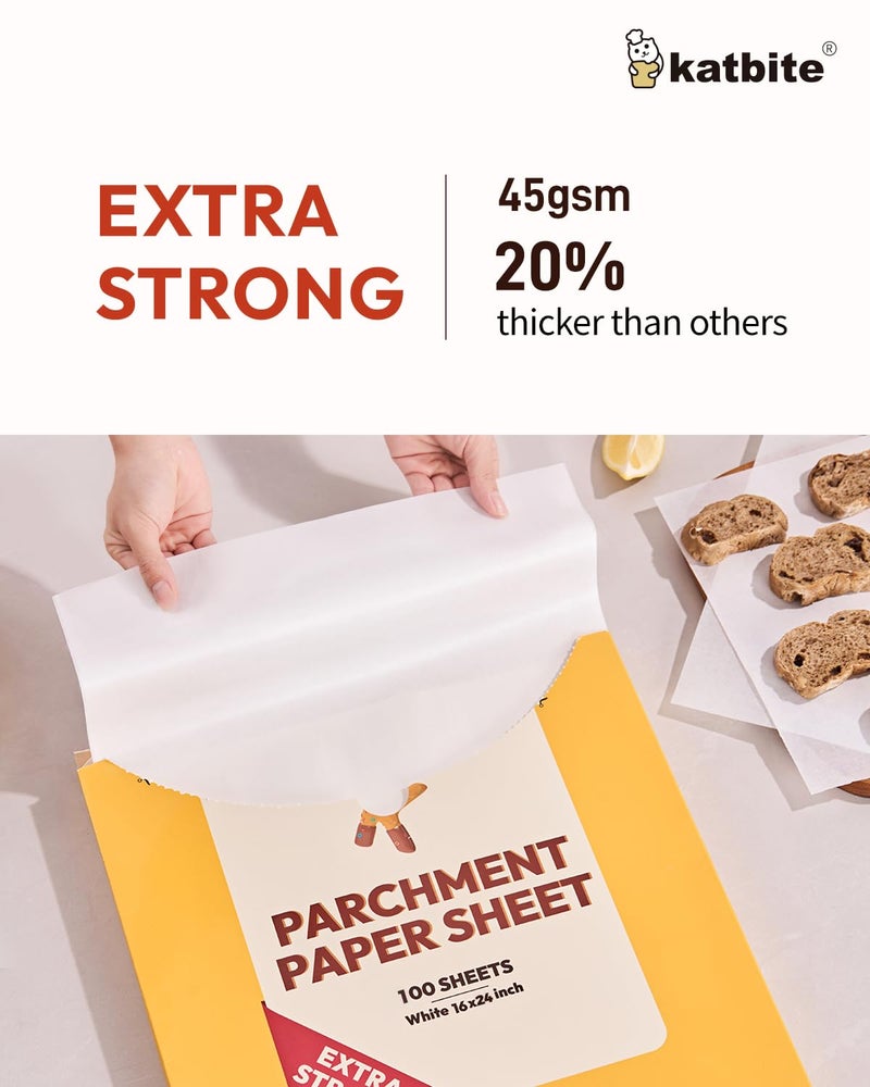 Katbite 16x24 inch Heavy Duty Parchment Paper Sheets, 100Pcs Precut Non-Stick Full Parchment Sheets for Baking, Cooking, Grilling, Frying and Steaming, Full Sheet Baking Pan Liners [Advanced Series] - Image 3